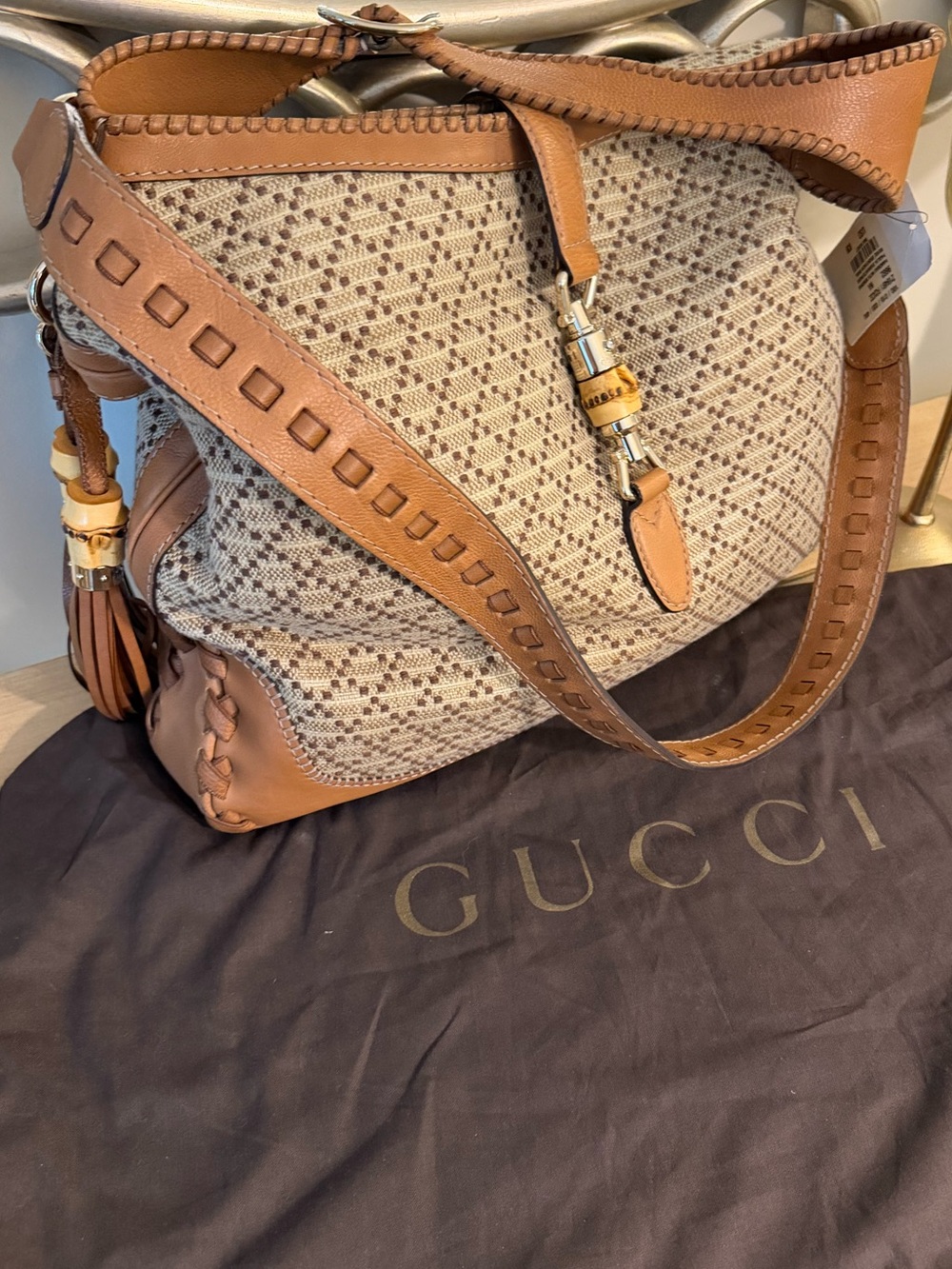 Gucci Cream and Tan Woven Shoulder Bag with Leather Trim